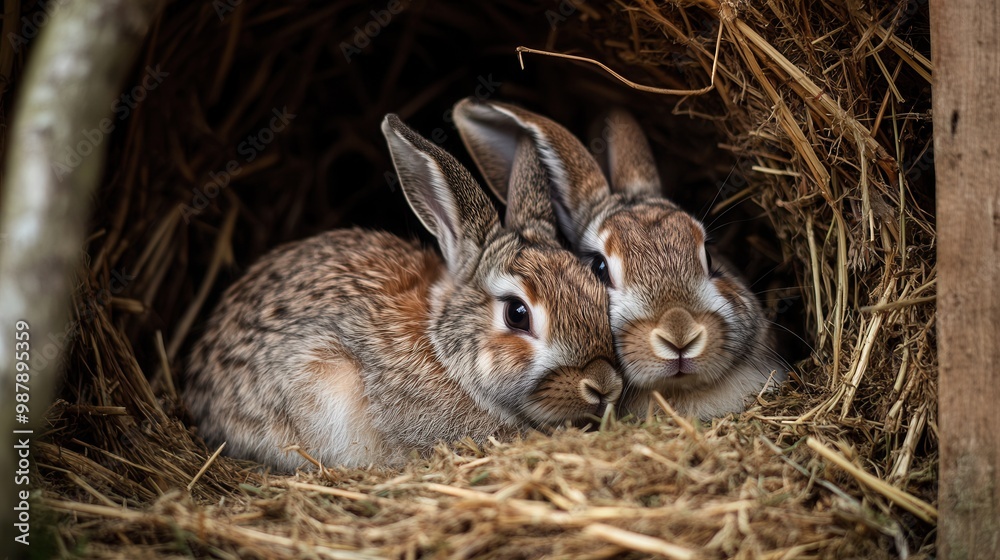 Fototapeta premium A pair of rabbits snuggled up together in a cozy burrow, surrounded by soft hay