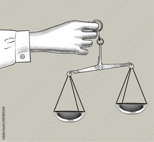 Vintage engraved drawing of woman's hand with old weight scales. Vector illustration