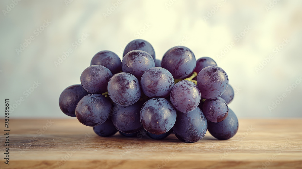 A bunch of fresh purple grapes on a wooden surface. A bunch of fresh purple grapes on a wooden surface.