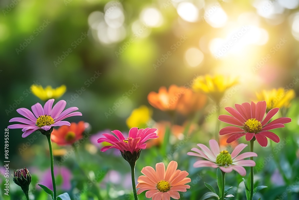 Colorful flowers blooming in a field during sunrise Colorful flowers blooming in a field during sunrise