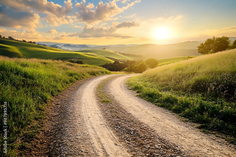 Fototapeta premium Country road leading towards hills with sunset in the background