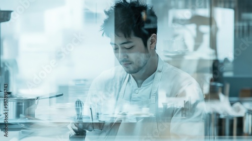 Double exposure image of an East Asian male chef in a kitchen, with cooking utensils faintly visible on a white background.