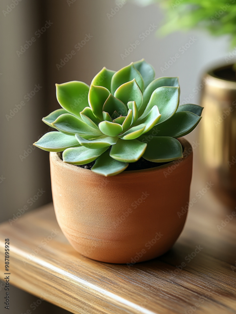 Succulent plant in a terracotta pot on a wooden shelf