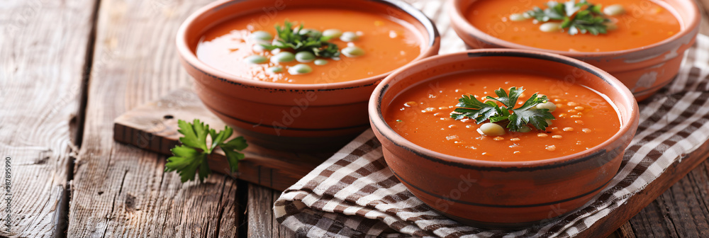 Bowls of flavorful lentil soup. Framed by a classic toile fabric. with space for text Bowls of flavorful lentil soup. Framed by a classic toile fabric. with space for text