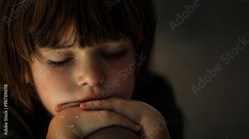 Sad child with tearstreaked face in contemplative pose photo