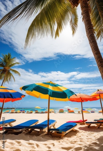 colorful beach equipment spread across sandy coastline bright sunlight clear blue waves, gear, seaside, ocean, shore, towels, umbrellas, chairs, toys