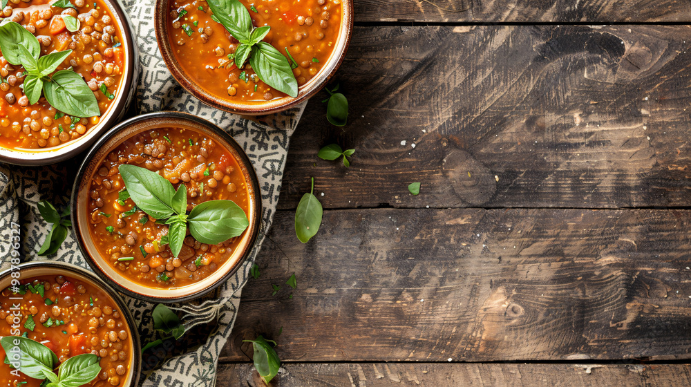 Bowls of flavorful lentil soup. Framed by a classic toile fabric. with space for text Bowls of flavorful lentil soup. Framed by a classic toile fabric. with space for text