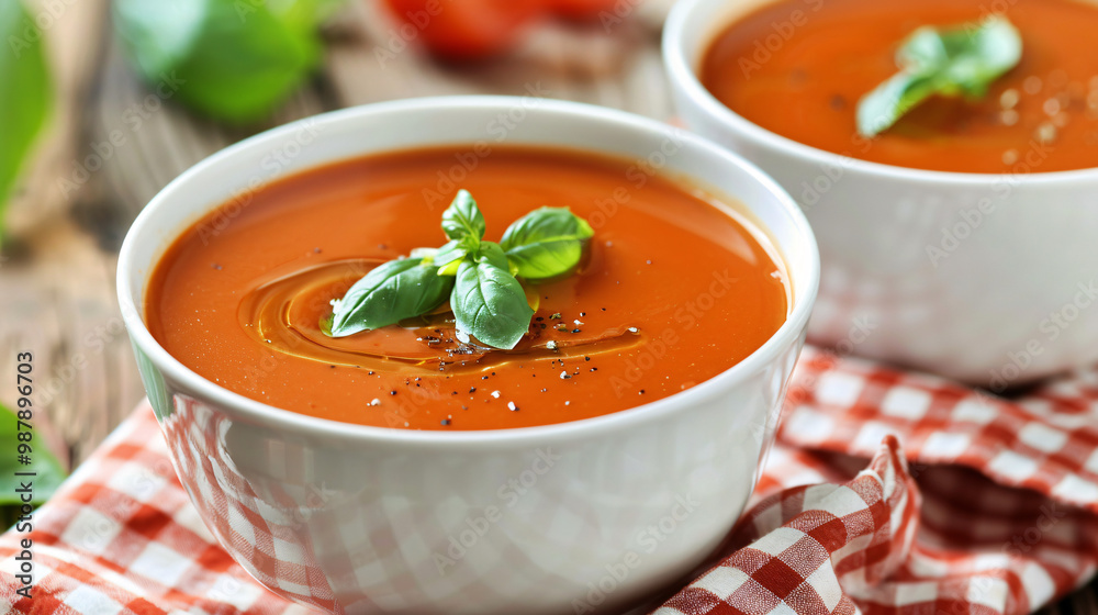 Bowls of rich tomato basil soup. Presented on a charming gingham cloth. Bowls of rich tomato basil soup. Presented on a charming gingham cloth.