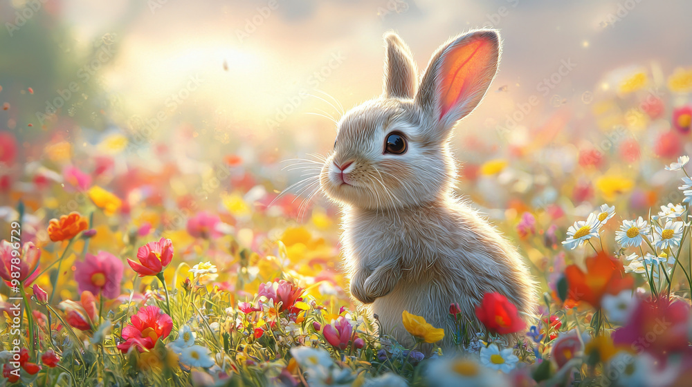 Cute bunny in a field of colorful flowers.