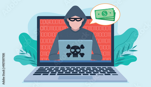 A hacker is visible on the laptop screen. Hacking code appears behind the hacker in the background. The hacker is in a hood with a mask on his face. A money bubble moves away from the character. 