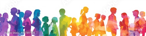 Colorful silhouettes of diverse people holding hands, Diversity Equity and Inclusion, modern company background