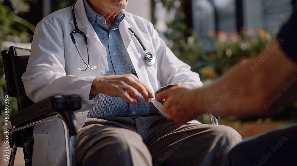 Fototapeta premium A close-up of a geriatric doctor conducting a mobility assessment for an older adult, focusing on improving quality of life through tailored care.