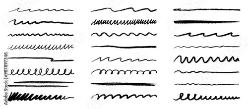 Chalk lines, charcoal highlight strokes doodle set. Pencil underlines, kids crayon strips, brush line in sketch style. Grunge texture. Hand drawn vector illustration isolated on white background