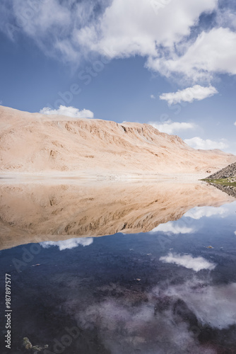 Lake Chukurkul with a mirror surface reflects rocky mountains and blue sky in the Tien Shan mountains in Pamir in Tajikistan, mirror landscape for the background photo