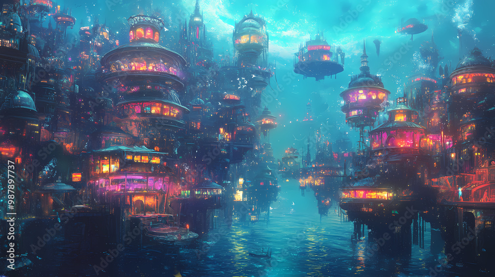 Fototapeta premium An underwater city of floating structures and vibrant lights. Floating City. Illustration