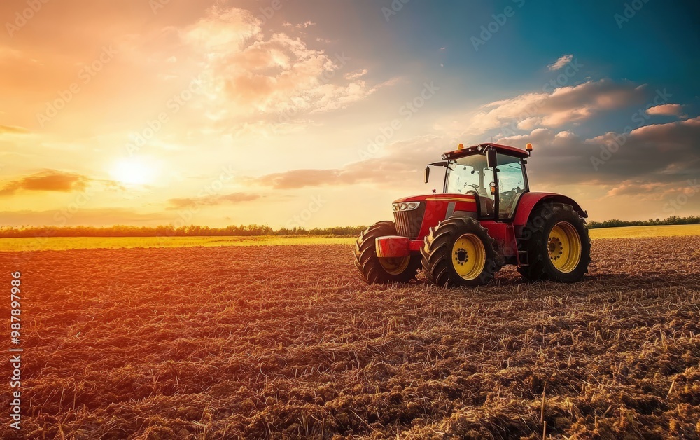 Fototapeta premium Combine harvester working on a field in sunsat. Agriculture