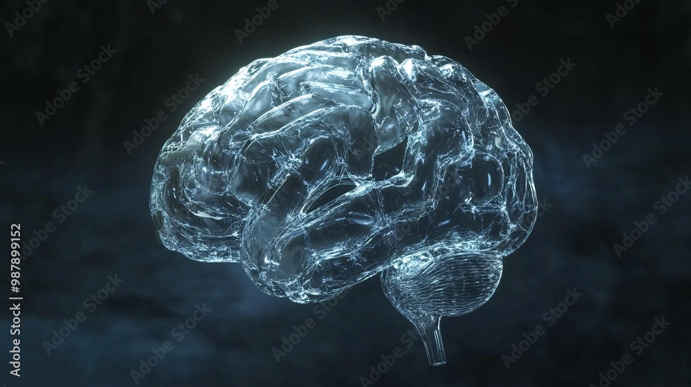 Brain. Human brain encased in transparent armor. Dark backdrop. Protection and cognition. Ethical implications of cognitive shielding. Brain. Human brain encased in transparent armor. Dark backdrop. Protection and cognition. Ethical implications of cognitive shielding.