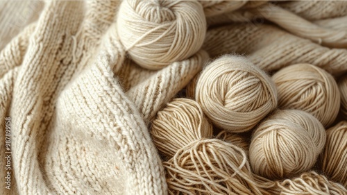 Beige woolen balls of yarn for knitting background. Handicraft hobby closeup. Lots of tangled threads. Handmade product. Grandma knits warm white sweater, socks close up. Autumn fall atmosphere.