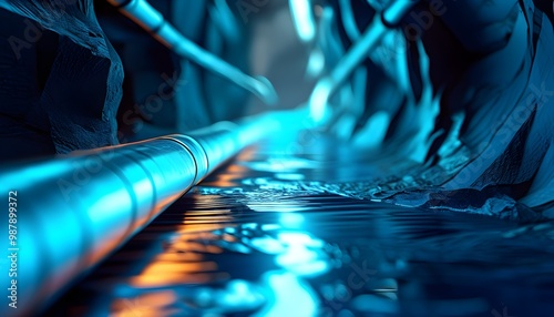 Futuristic abstract design of luminescent pipes traversing a vibrant deep blue liquid environment photo