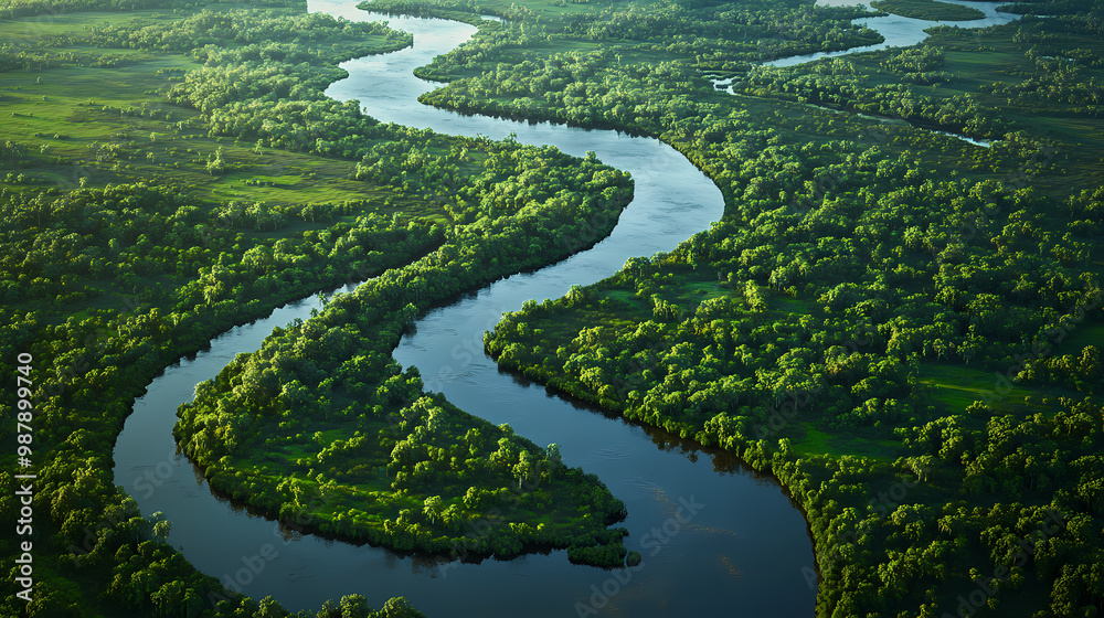 Aerial view of a river delta with lush green vegetation and winding waterways. Winding River. Illustration Aerial view of a river delta with lush green vegetation and winding waterways. Winding River. Illustration
