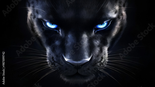 A black panther with piercing blue eyes stares intensely.