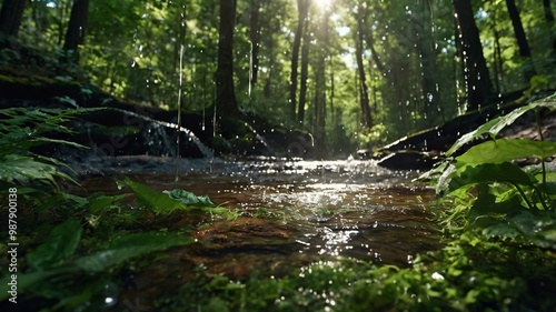 Sunlight filters through trees over a tranquil stream surrounded by lush greenery in a serene forest setting
