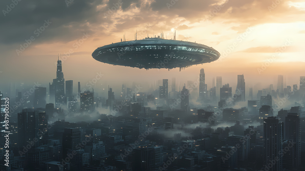 Alien alien ship floating over city. alien invasion. created by artificial intelligence. Alien Invasion. Illustration Alien alien ship floating over city. alien invasion. created by artificial intelligence. Alien Invasion. Illustration