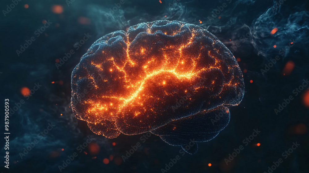 Brain. Human brain with fractal patterns glowing. Dark backdrop. Complexity and order. Ethical implications of fractal cognition. Brain. Human brain with fractal patterns glowing. Dark backdrop. Complexity and order. Ethical implications of fractal cognition.