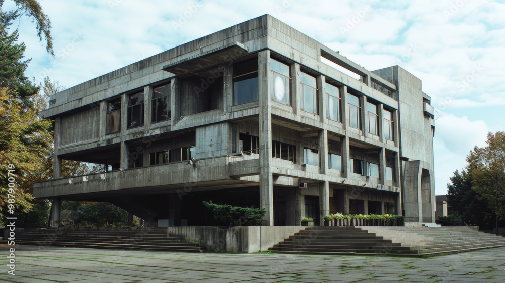 Brutalist concrete high rise building with glass facade and geometric patterns in urban environment