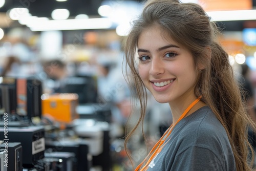 Happy young woman employee smiling in electronics store, providing customer service