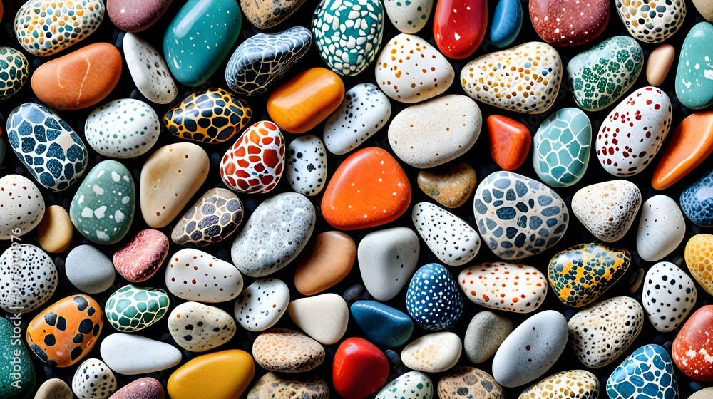 The image shows a collection of colorful, patterned pebbles. The image shows a collection of colorful, patterned pebbles.