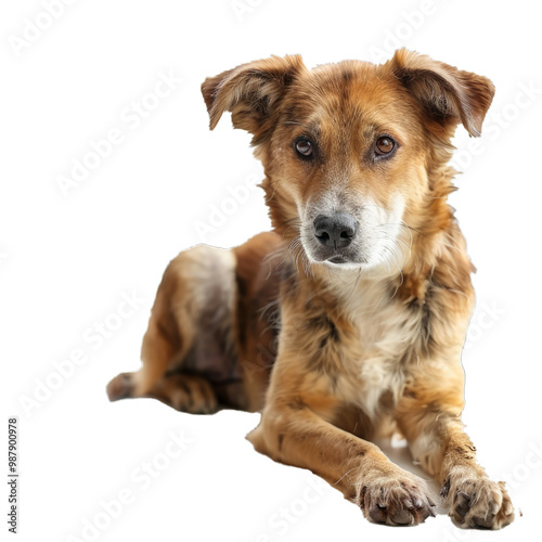 Brown dog with white paws and chest is lying down and looking at us