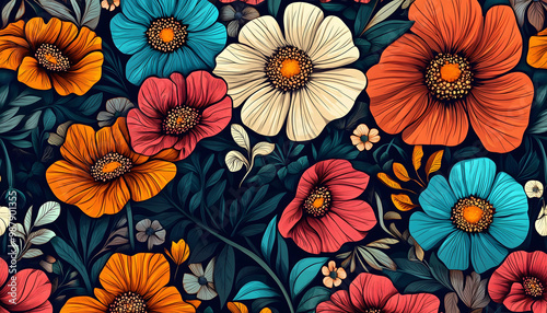 A seamless pattern made with flowers in various vibrant colors