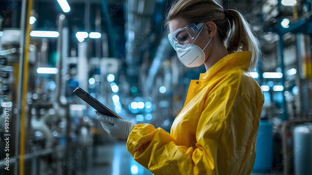 Portrait of a Female Worker Wearing Full-Body Protective Coveralls, Mask and Goggles at a Biotechnology Manufacturing Plant. Young Specialist Using a Tablet Computer, Overlooking Nanotech Portrait of a Female Worker Wearing Full-Body Protective Coveralls, Mask and Goggles at a Biotechnology Manufacturing Plant. Young Specialist Using a Tablet Computer, Overlooking Nanotech