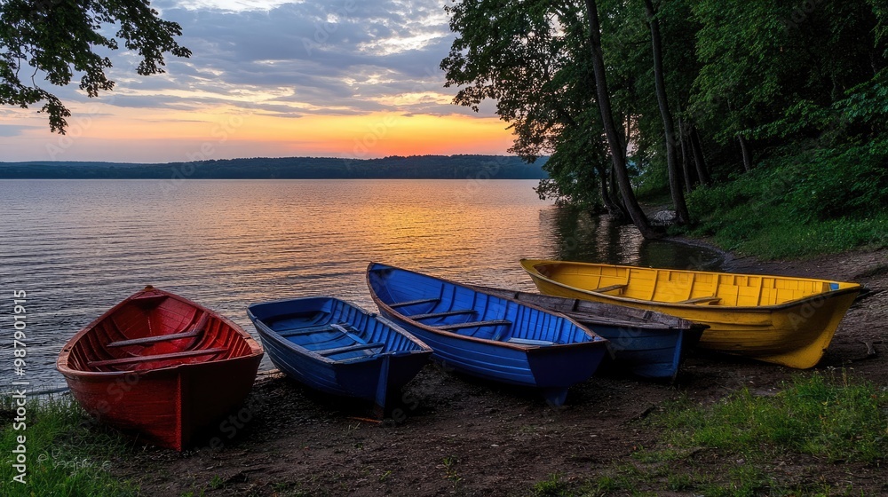 Fototapeta premium Three vibrant wooden boats rest on the shore of Shunehai, illuminated by a sunset glow against the backdrop of mountains and gentle waves reflecting the sky