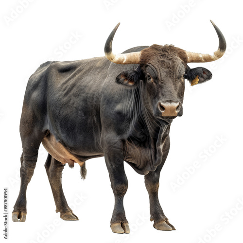 Powerful aurochs bull standing on a white background looking at us, farm animal breeding concept