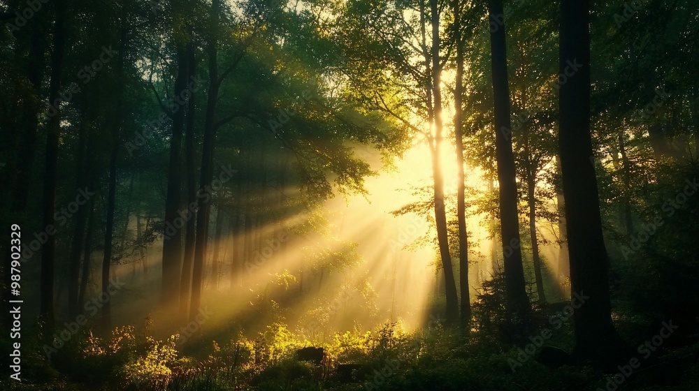 Obraz premium Sunbeams Filtering Through a Misty Forest
