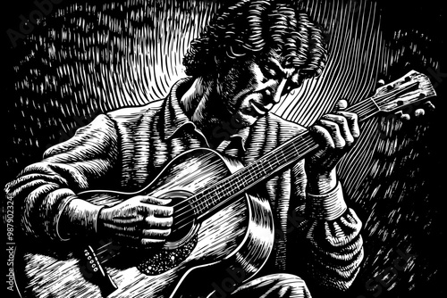 Man Playing Guitar, Music and Creativity Concept Vector Art, Blackwork