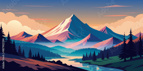 Mountain Landscape in Pastel Colors, Nature and Tranquility Concept Vector Art