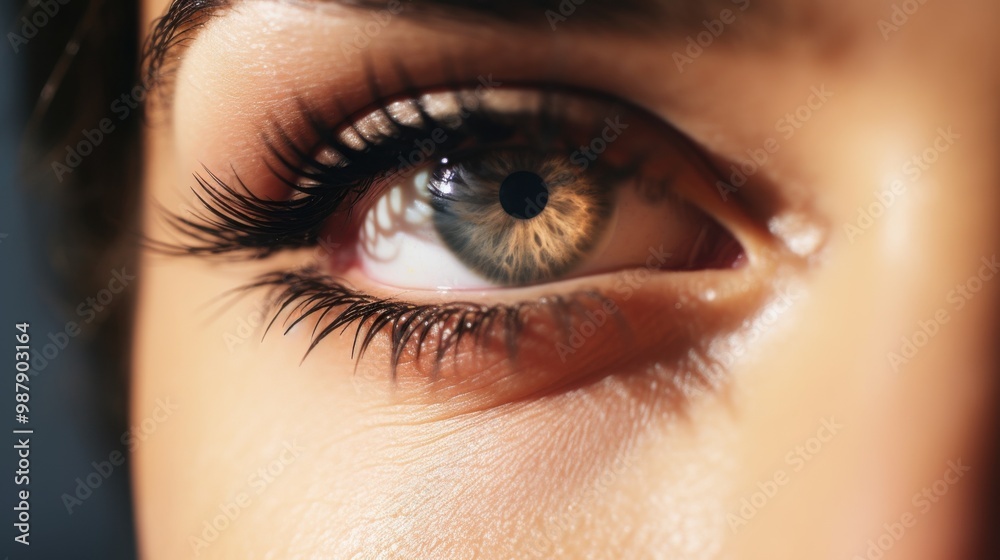 Obraz premium A close-up of a woman's eye reflecting a world of possibilities, with intricate details and natural beauty capturing focus and introspection.