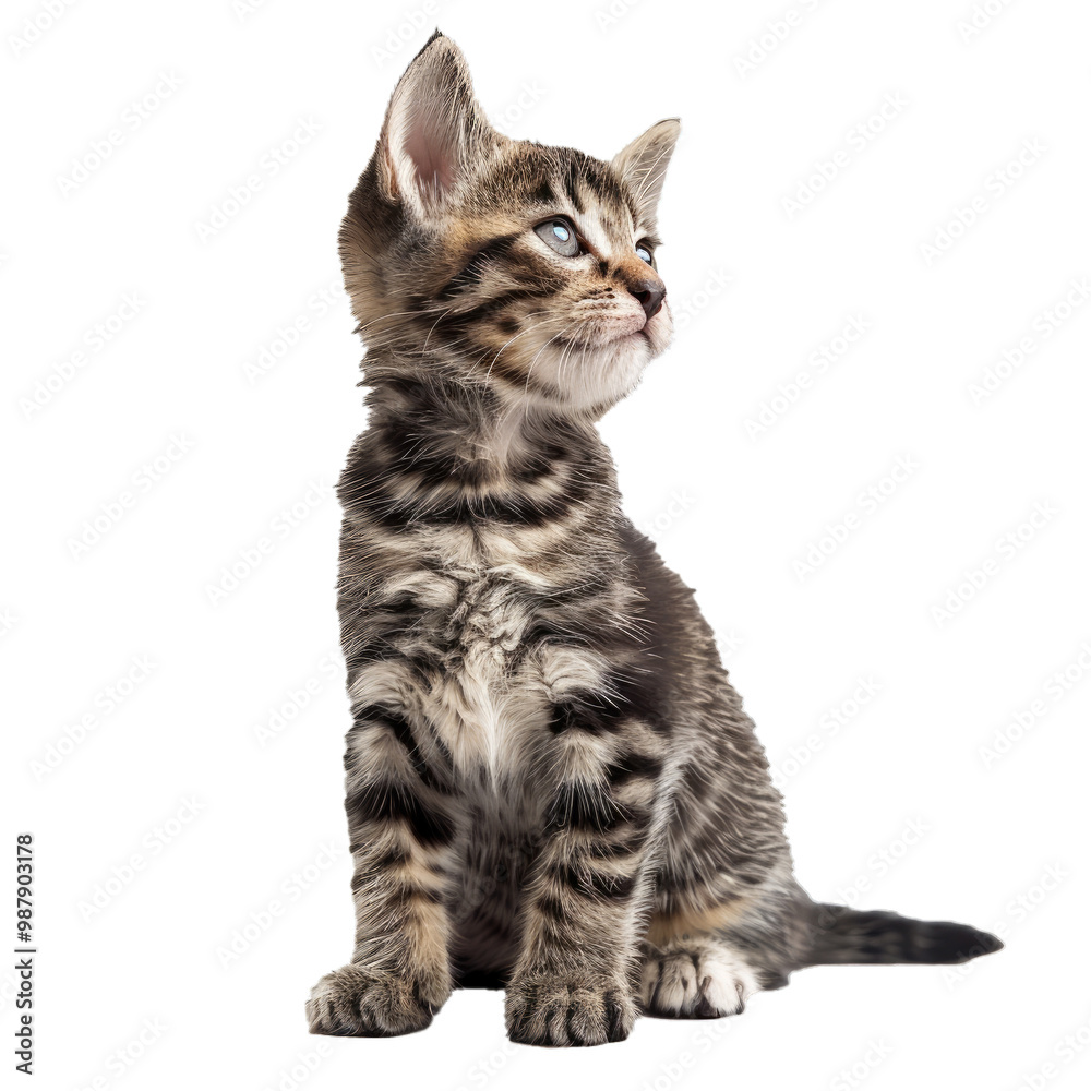 Obraz premium Cute tabby kitten with big blue eyes is sitting and curiously looking up
