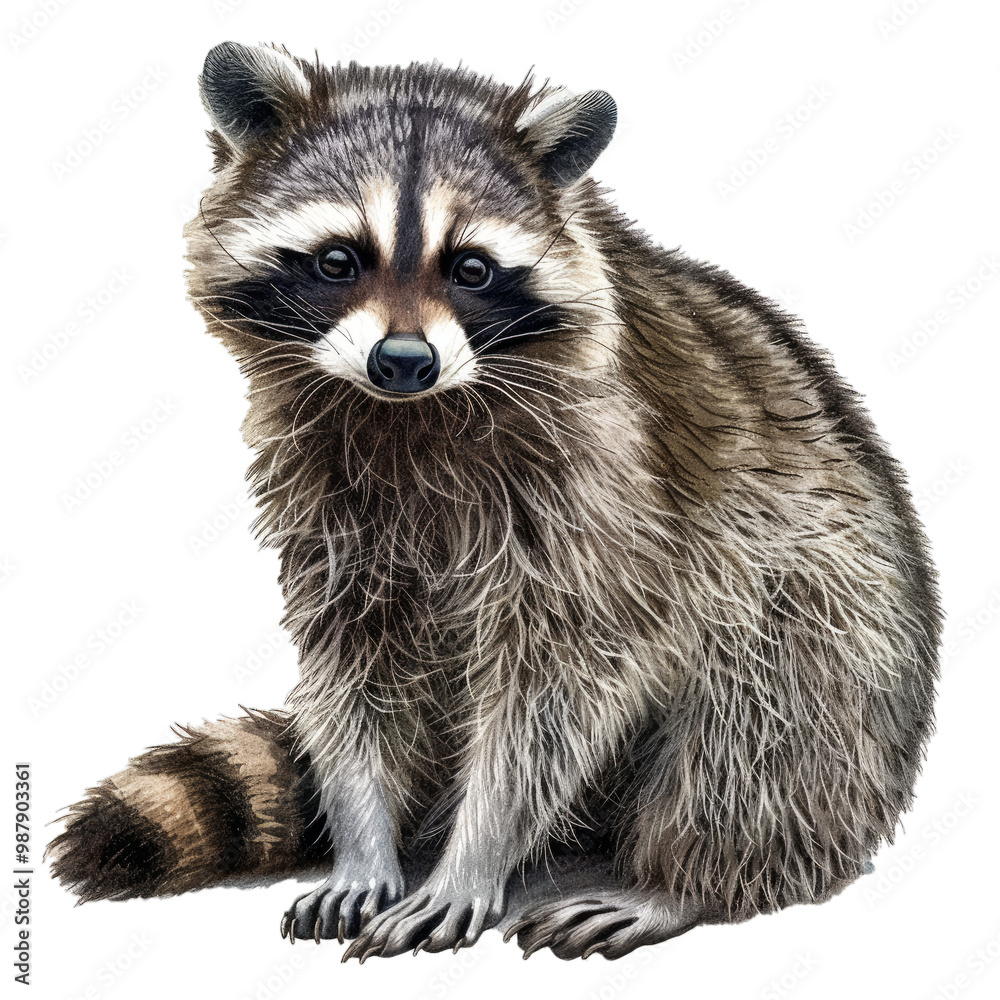 Digital painting of a furry raccoon sitting on all fours and looking intently forward Digital painting of a furry raccoon sitting on all fours and looking intently forward