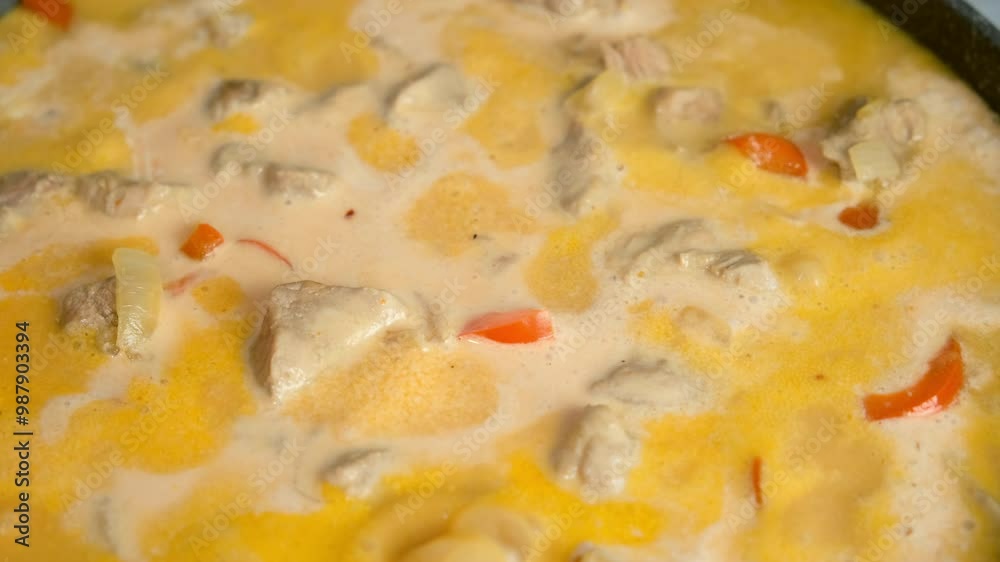 Cooking boiling meat pork goulash with vegetables in creamy sauce in frying pan on kitchen. Culinary techniques, homemade preparing healthy meal, cook domestic food meat dish, cuisine, seasoning. Cooking boiling meat pork goulash with vegetables in creamy sauce in frying pan on kitchen. Culinary techniques, homemade preparing healthy meal, cook domestic food meat dish, cuisine, seasoning.
