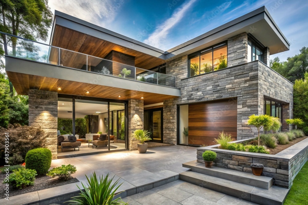 Fototapeta premium Luxurious Modern House Exterior with Minimalist Design and Large Outdoor Entertainment Area