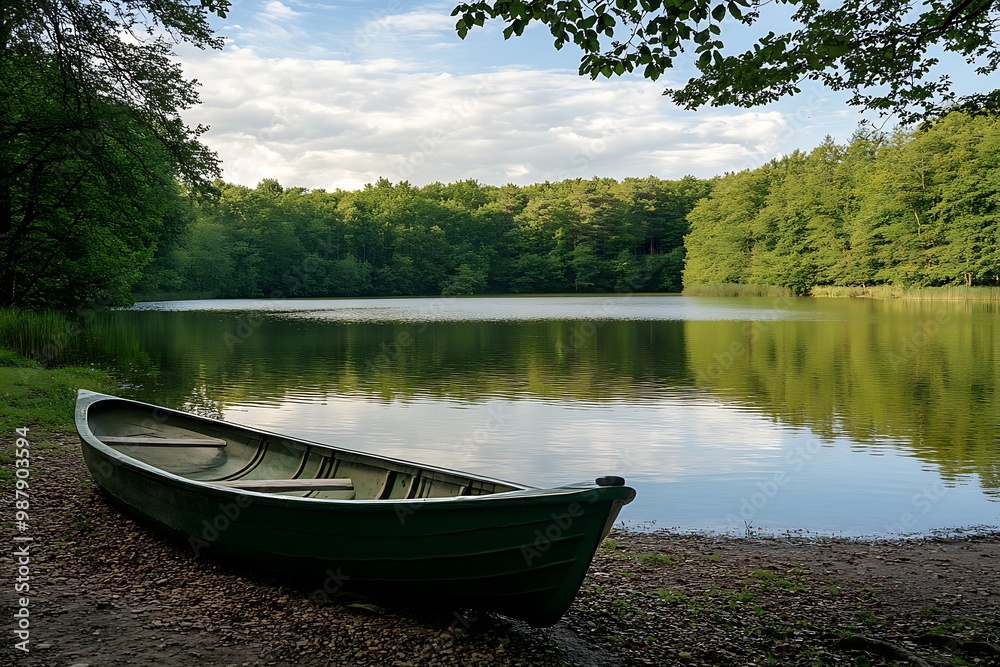 Green canoe on the shore of a calm lake with trees in the background, tranquil nature scene. Green canoe on the shore of a calm lake with trees in the background, tranquil nature scene.