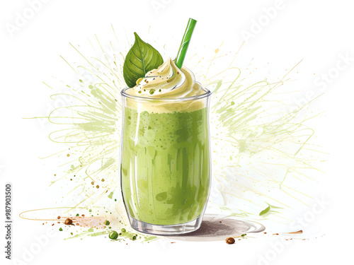 Watercolor illustration of vegan avocado smoothie. Hand drawn healthy detox drink made of avocado isolated on white background
