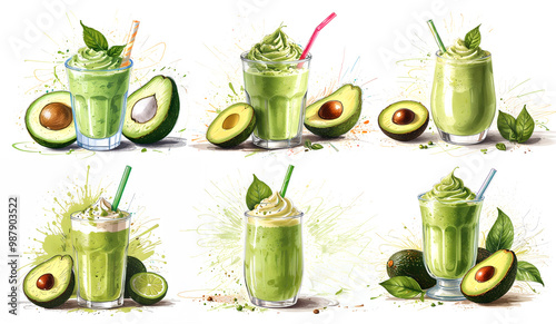Watercolor illustration of vegan avocado smoothie. Hand drawn healthy detox drink made of avocado isolated on white background. Watercolor illustrations set