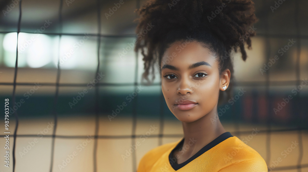 Portrait of a confident African American female volleyball player, beautiful young teenager sporty girl on an indoor training court in sportswear ready for competition, healthy lifestyle determination Portrait of a confident African American female volleyball player, beautiful young teenager sporty girl on an indoor training court in sportswear ready for competition, healthy lifestyle determination