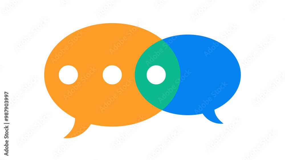 Two clouds, one orange, the other blue, overlap. The common element is green. The orange cloud has three white dots. Flat design illustration. communication icon. Two clouds, one orange, the other blue, overlap. The common element is green. The orange cloud has three white dots. Flat design illustration. communication icon.