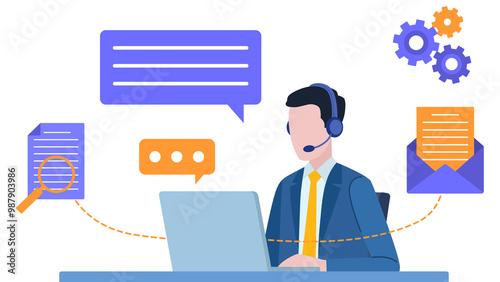 Man sitting in front of desk with headset and talking with client. Businessman working on laptop. Speaking bubble, laptop, email, document, cogs. flat design illustration. 